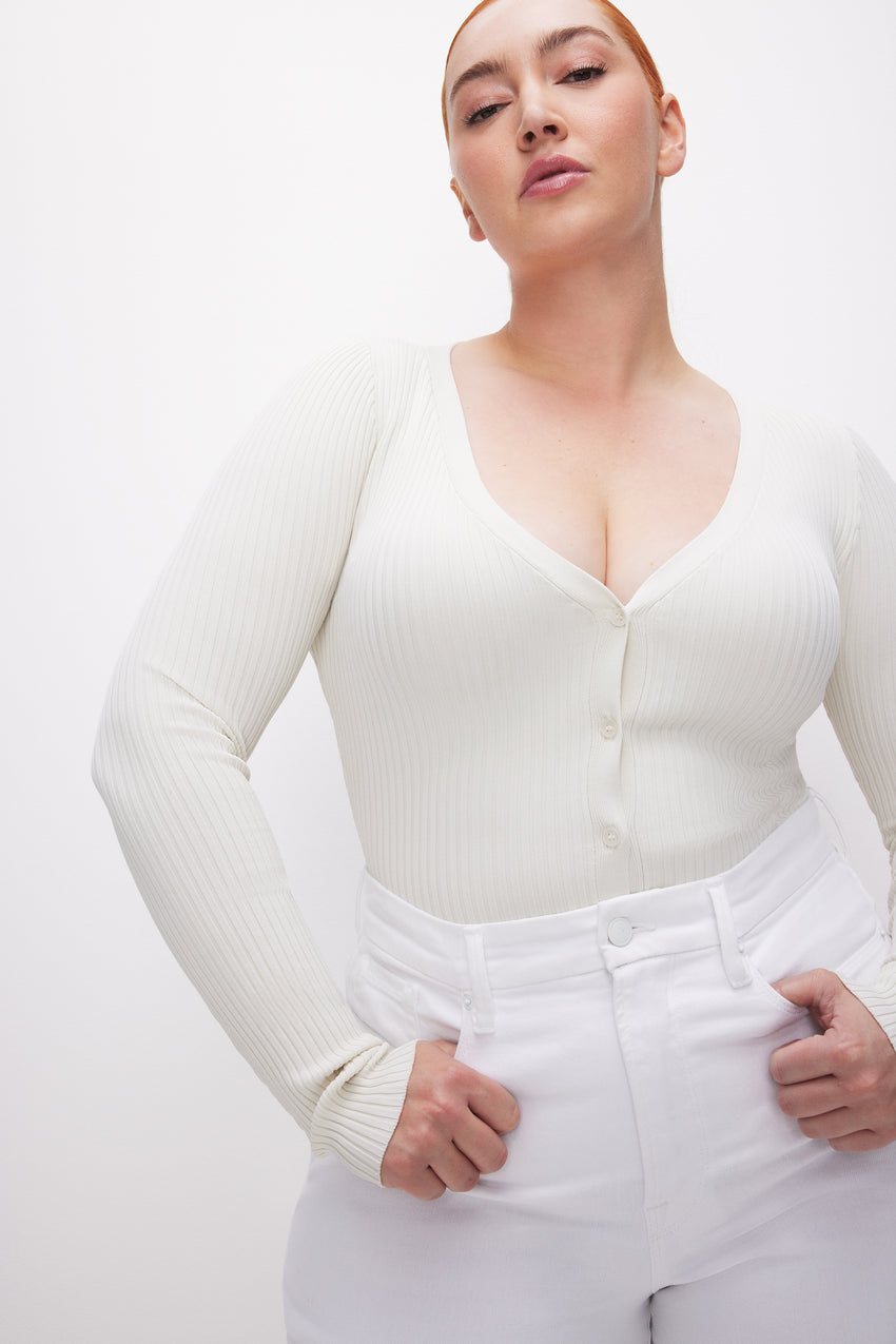 STRETCH RIB V-NECK CARDIGAN | CLOUD WHITE View 7 - model: Size 16 |