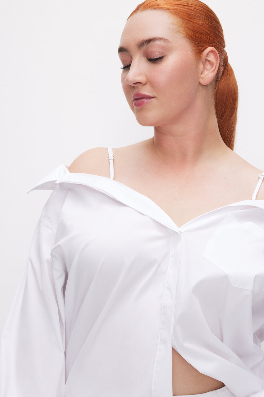 POPLIN OFF SHOULDER SHIRT | WHITE001 View 7 - model: Size 16 |