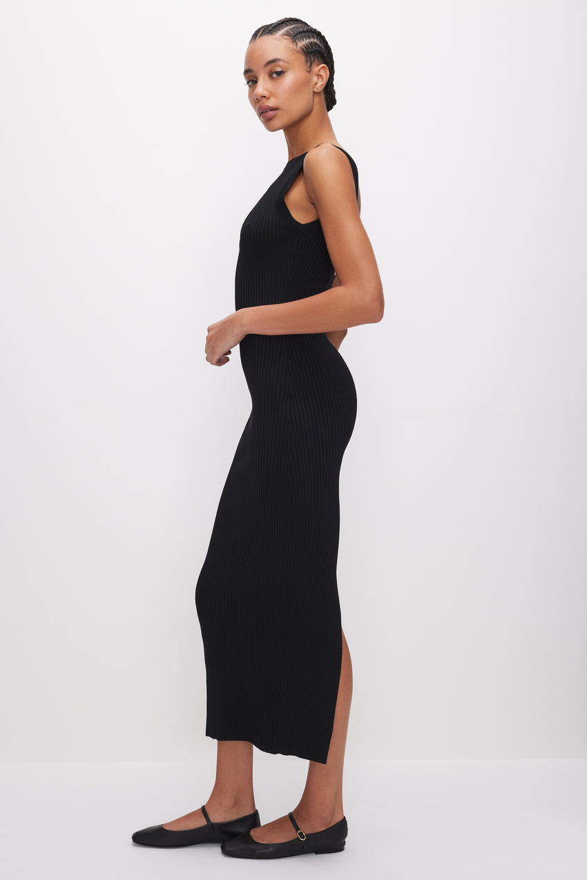 STRETCH RIB SCOOP BACK MIDI DRESS | BLACK001 View 3 - model: Size 0 |