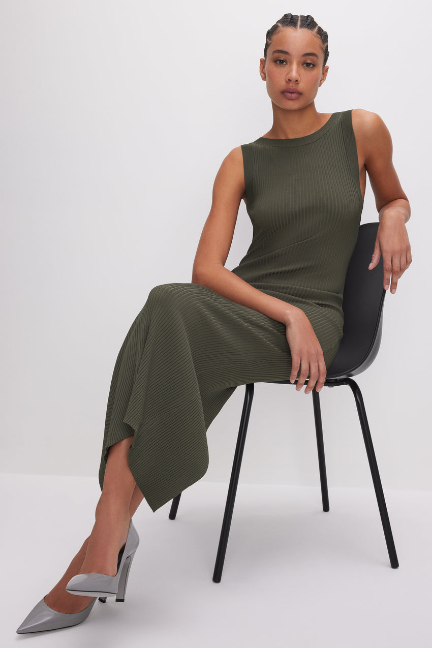 STRETCH RIB SCOOP BACK MIDI DRESS | FATIGUE001 View 3 - model: Size 0 |