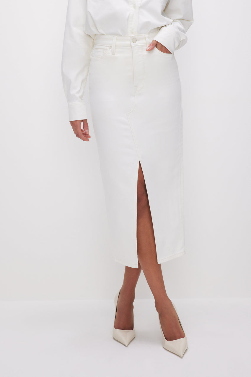 DENIM LIGHT COMPRESSION SLIT MIDI SKIRT | CLOUD WHITE View 2 - model: Size 0 |