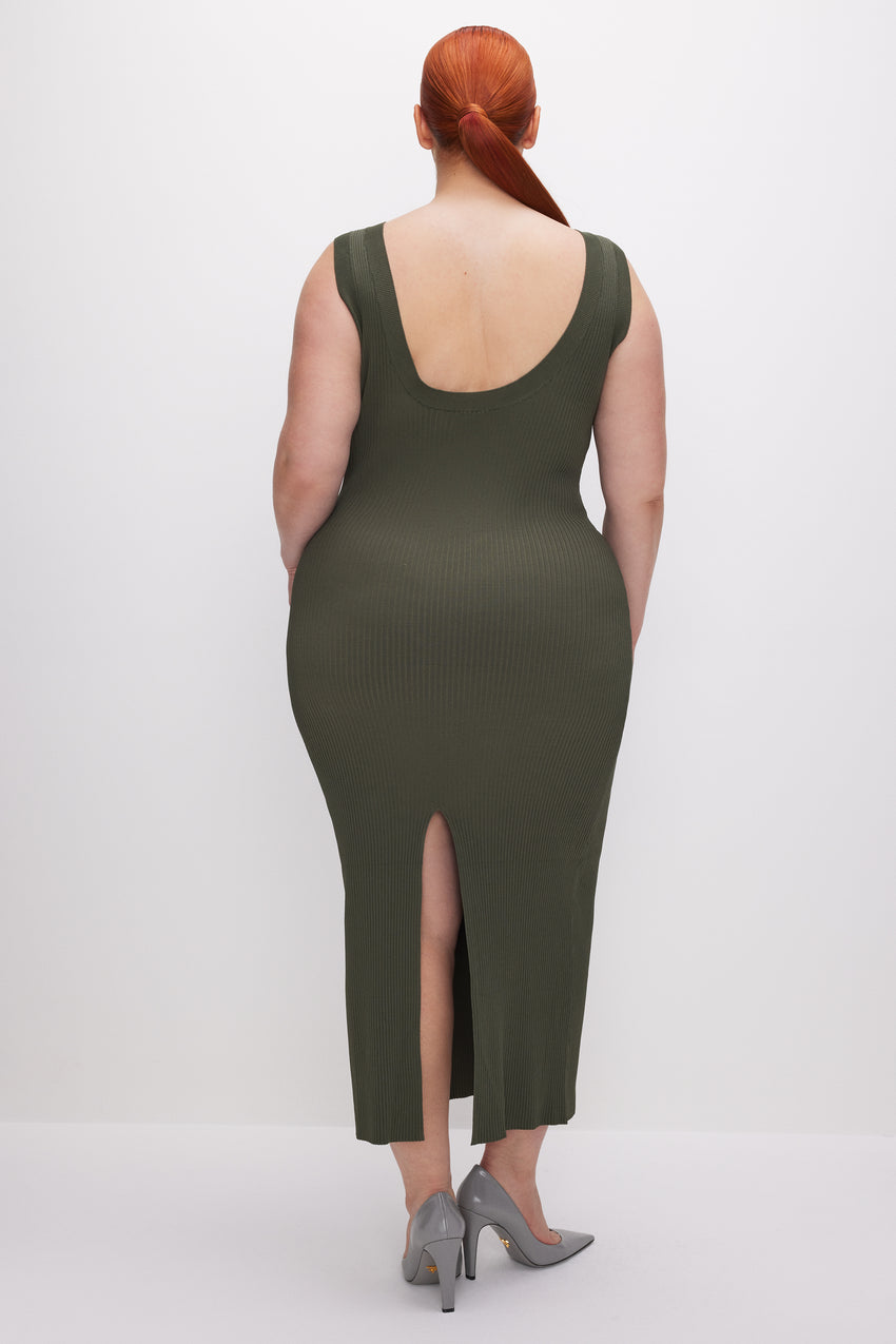 STRETCH RIB SCOOP BACK MIDI DRESS | FATIGUE001 View 7 - model: Size 16 |