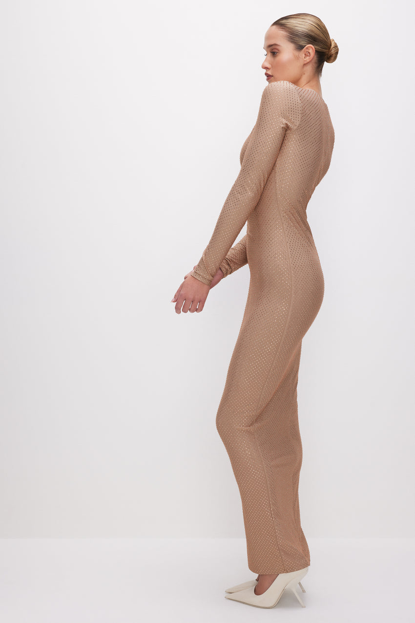 SMOOTH MATTE CRYSTAL MAXI DRESS | TAUPE003 View 3 - model: Size 0 |
