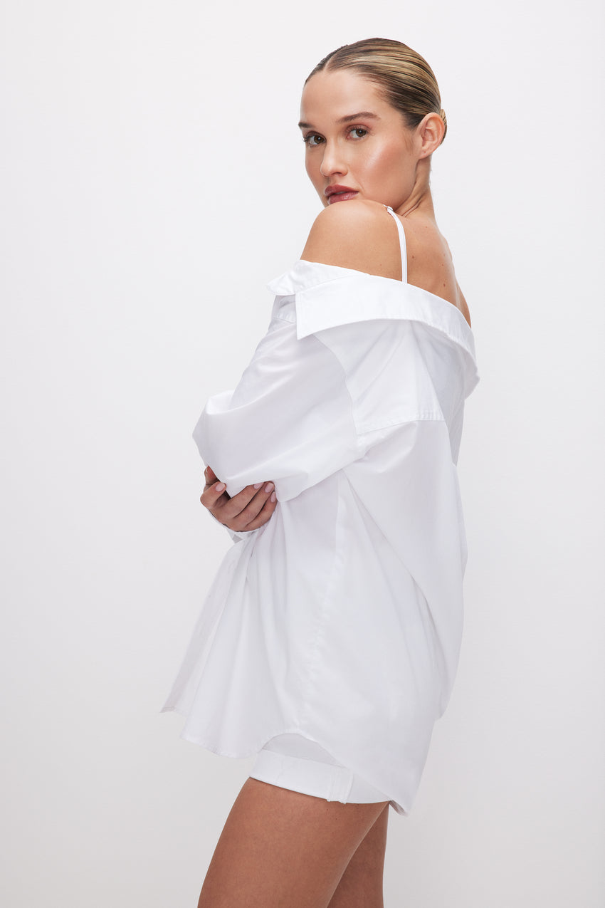 POPLIN OFF SHOULDER SHIRT | WHITE001 View 3 - model: Size 0 |