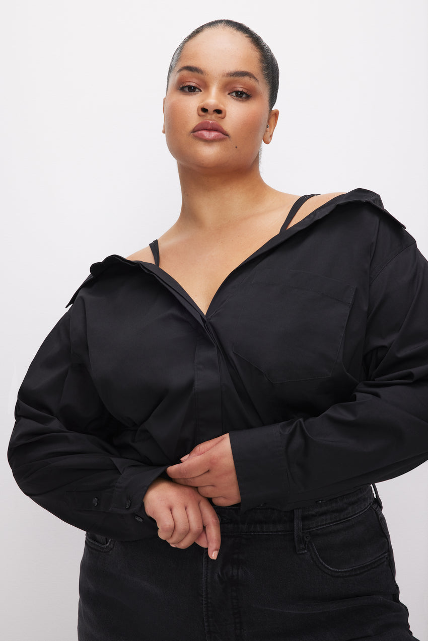 POPLIN OFF SHOULDER SHIRT | BLACK001 View 8 - model: Size 16 |