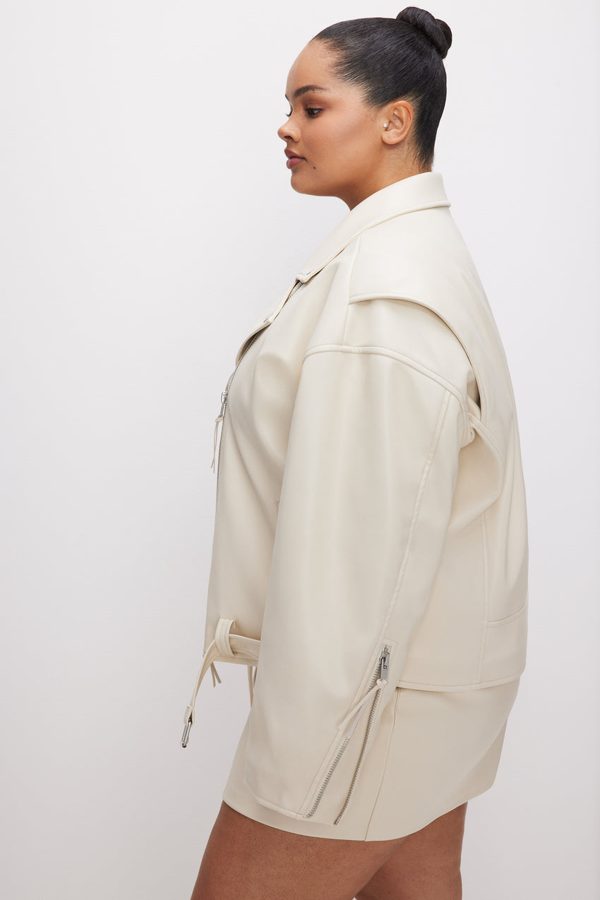 OVERSIZED FAUX LEATHER MOTO JACKET | CLOUD WHITE View 6 - model: Size 16 |