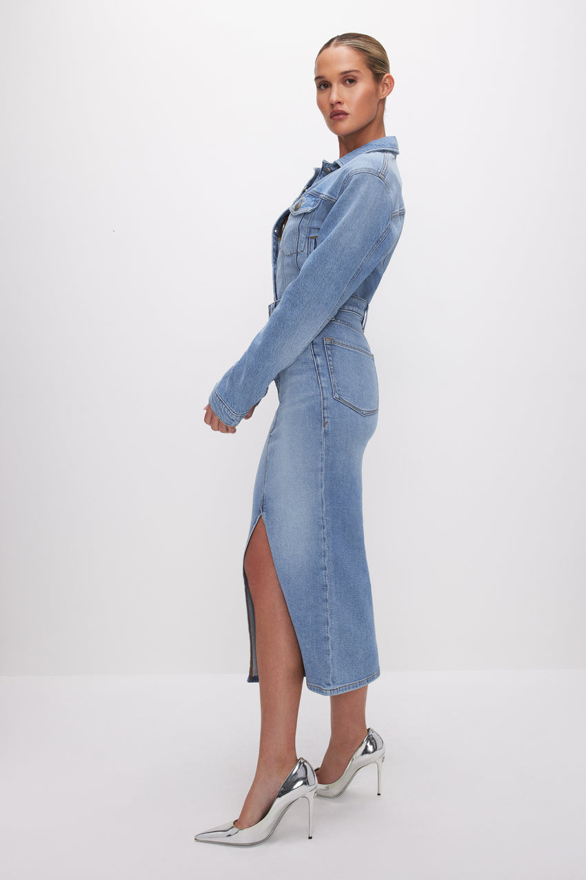 DENIM LIGHT COMPRESSION SLIT MIDI SKIRT | BLUE598 View 1 - model: Size 0 |