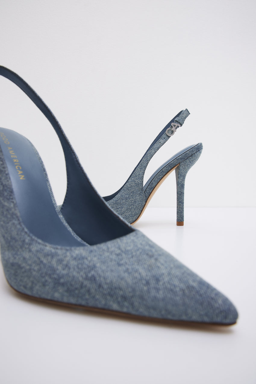 STILETTO SLINGBACK HEELS | BLUE DENIM002 View 5 - model: Size 0 |