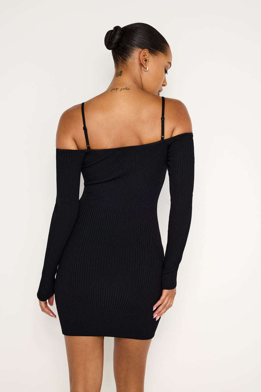 STRETCH RIB KNIT SHOULDER MINI DRESS | BLACK001 View 4 - model: Size 0 |