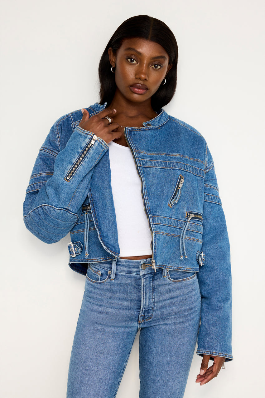 DENIM MOTO JACKET | INDIGO684 View 3 - model: Size 0 |