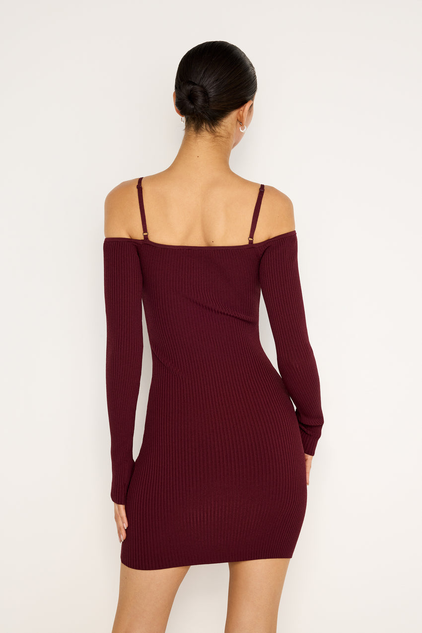 STRETCH RIB KNIT SHOULDER MINI DRESS | OXBLOOD002 View 3 - model: Size 0 |