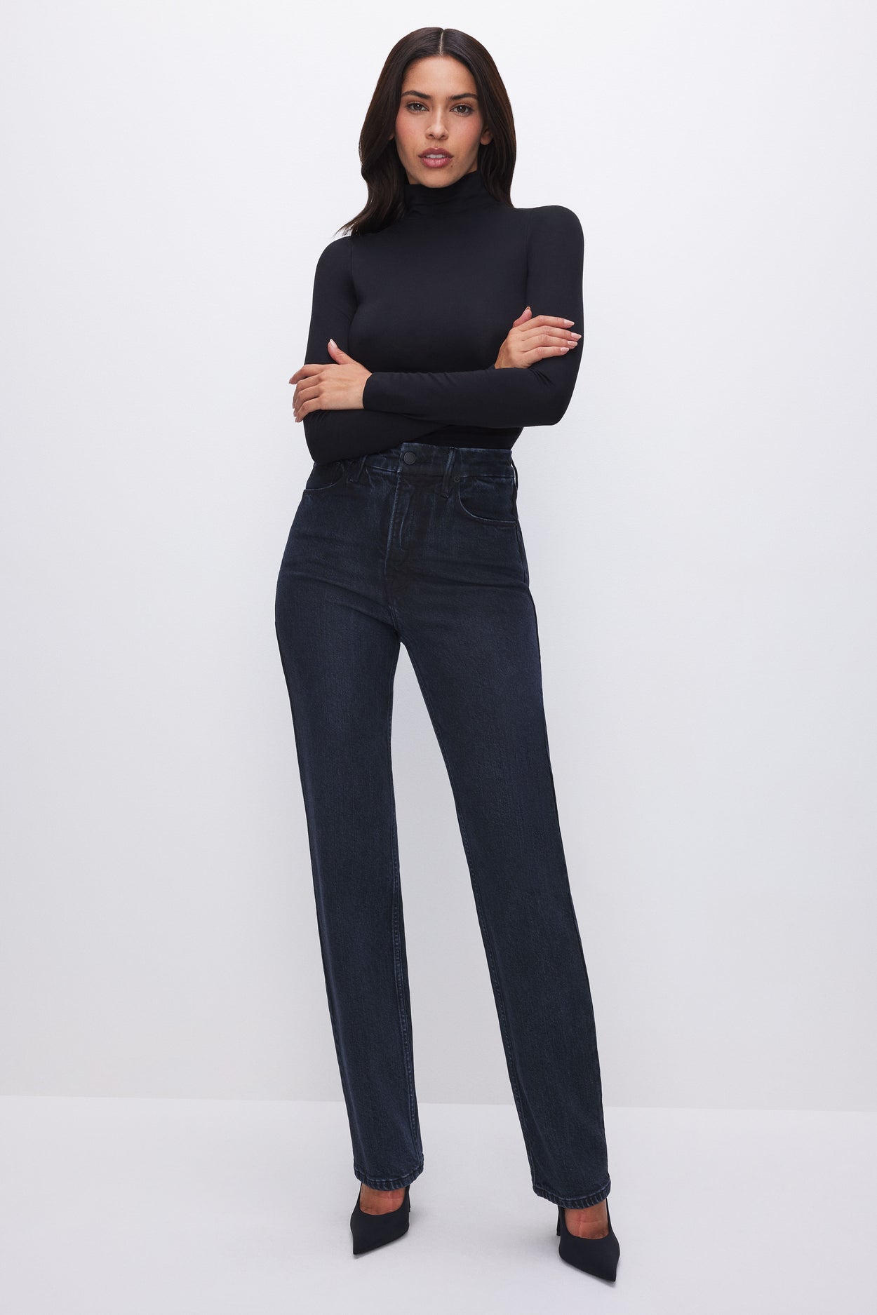 STRETCH JERSEY LONG SLEEVE TURTLENECK BODYSUIT | BLACK001 - GOOD AMERICAN