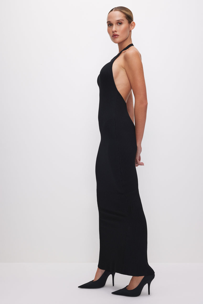 STRETCH RIB MAXI HALTER DRESS | BLACK001 View 1 - model: Size 0 |