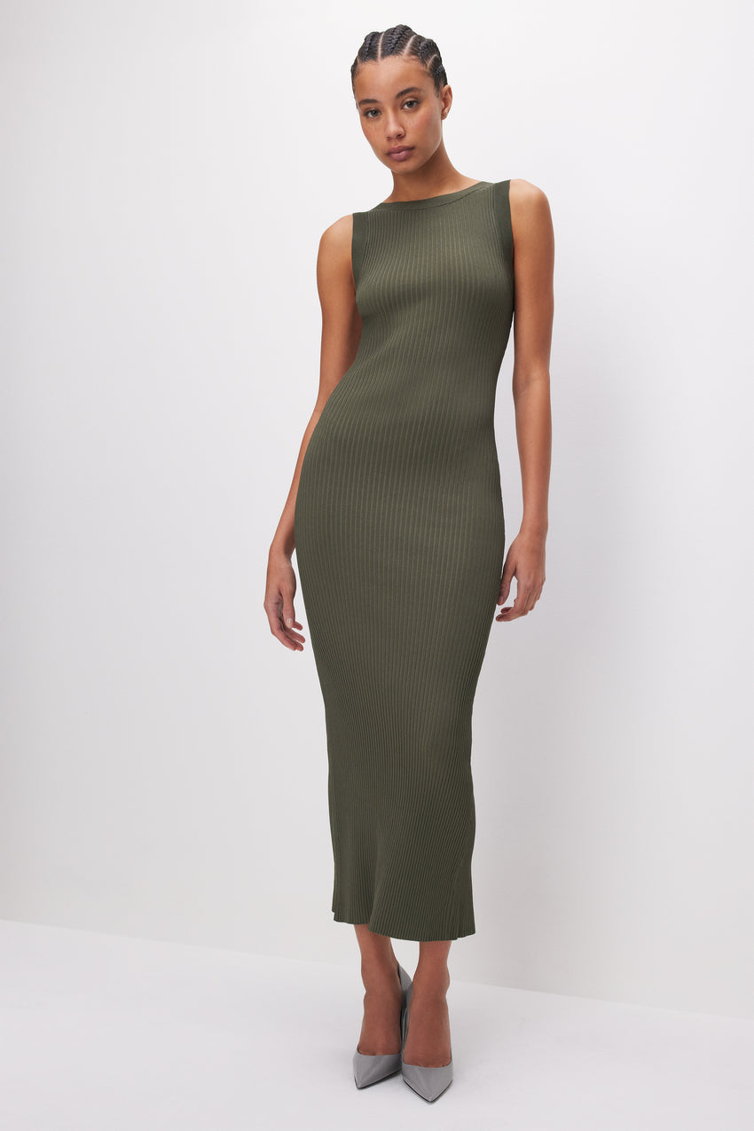 STRETCH RIB SCOOP BACK MIDI DRESS | FATIGUE001 View 1 - model: Size 0 |