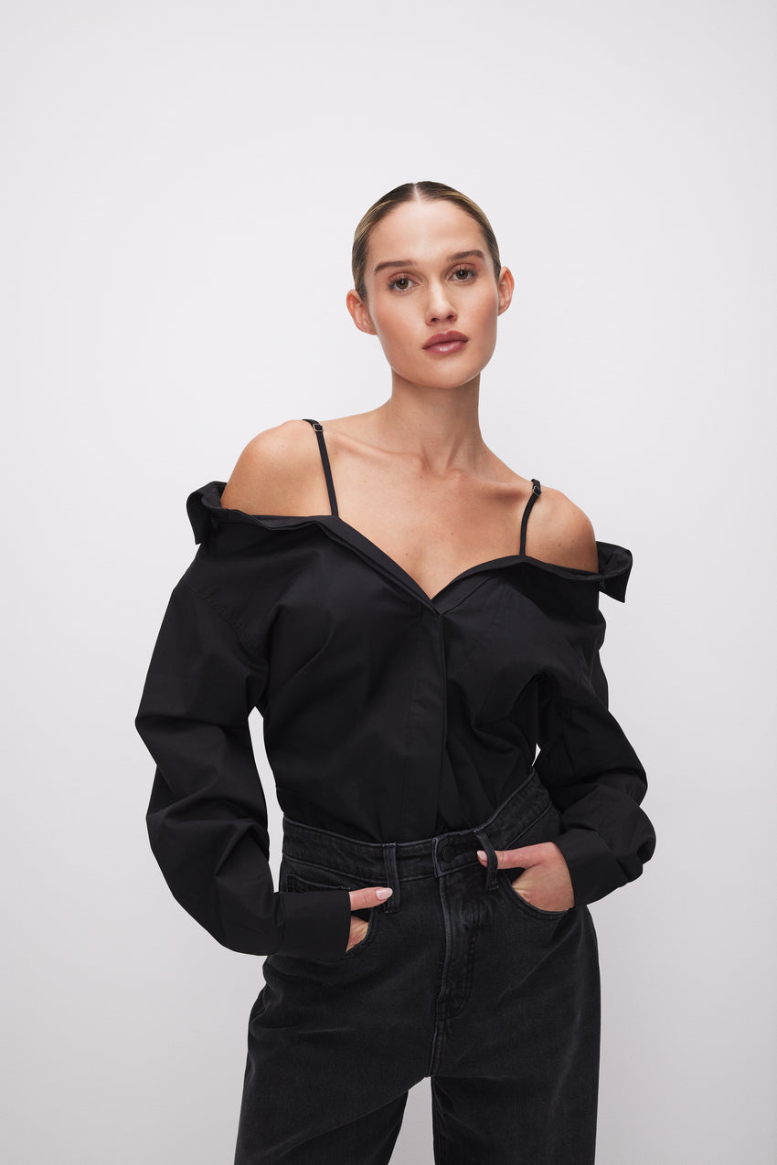 POPLIN OFF SHOULDER SHIRT | BLACK001 View 1 - model: Size 0 |