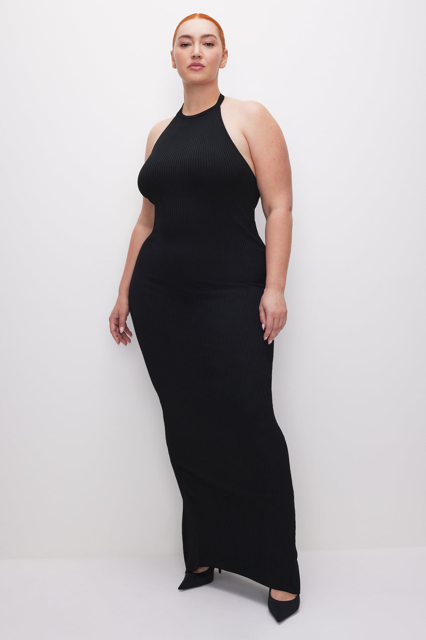 STRETCH RIB MAXI HALTER DRESS | BLACK001 View 4 - model: Size 16 |