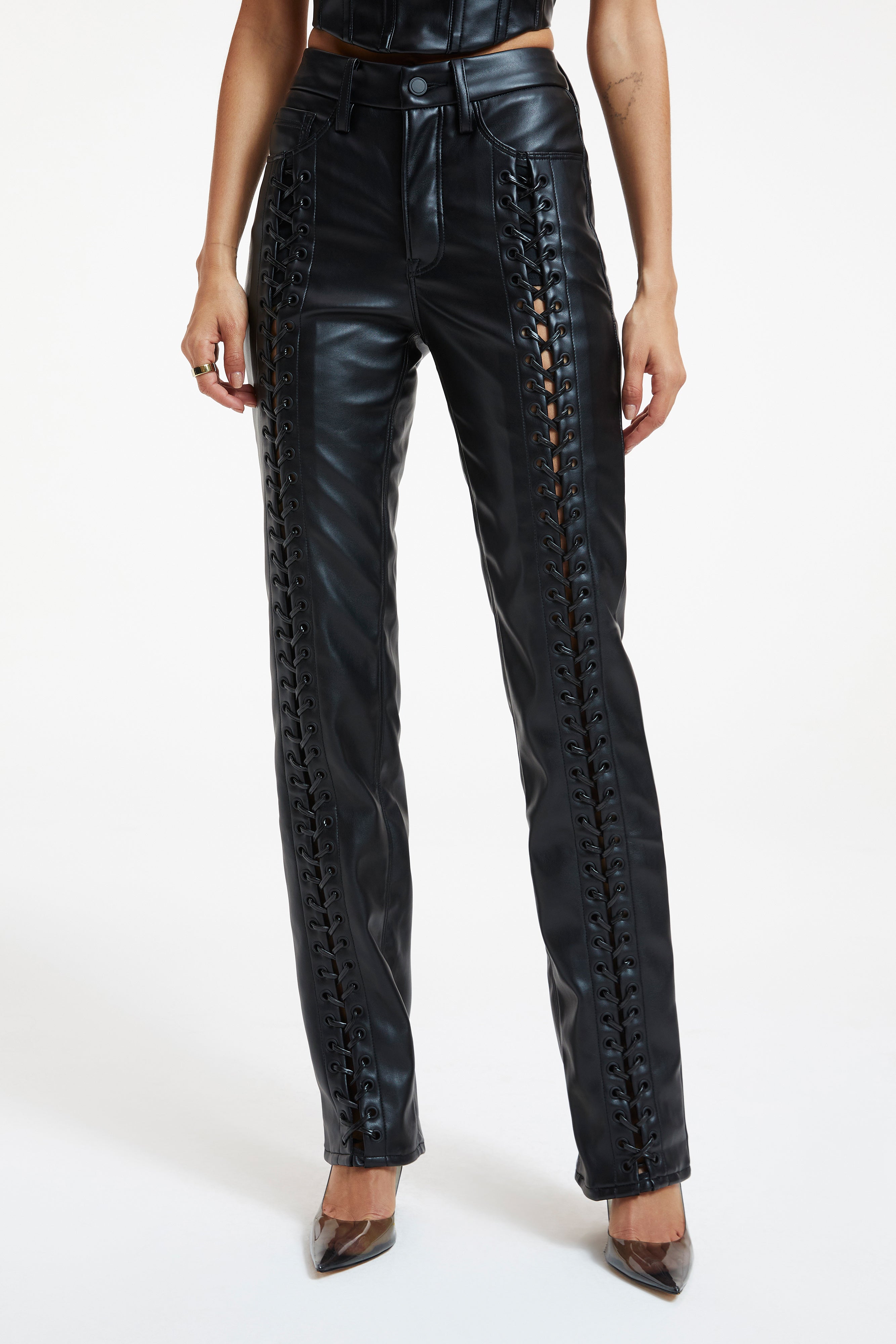 GOOD ICON FAUX LEATHER LACE UP PANTS | BLACK001 - GOOD AMERICAN