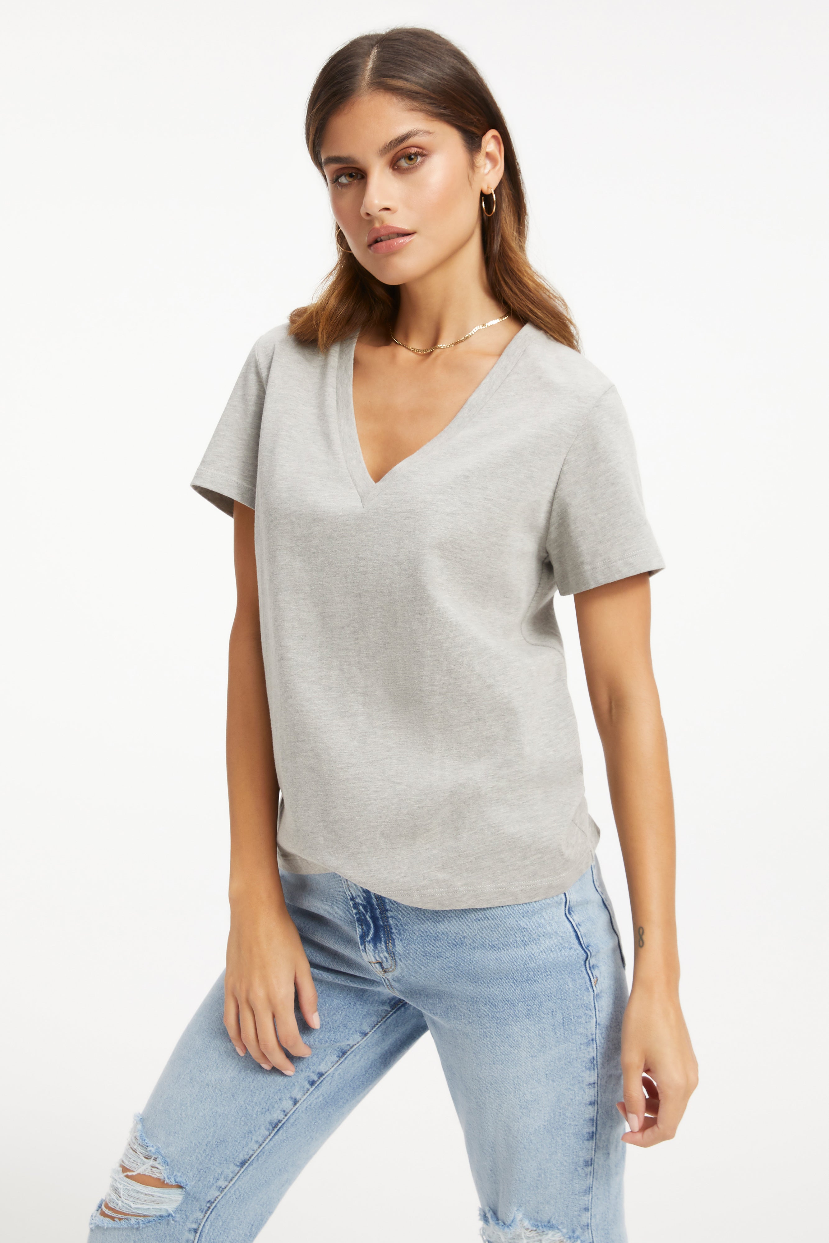 COTTON RELAXED V-NECK | HEATHER GREY001 - GOOD AMERICAN