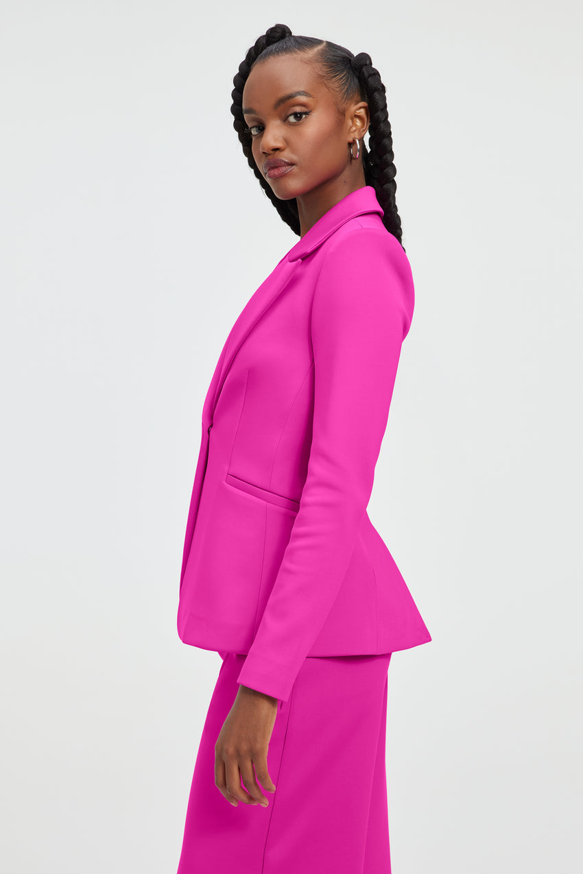 Bold  Fuchsia Pink Blazer Dress and Green Ankle Booties - Irony
