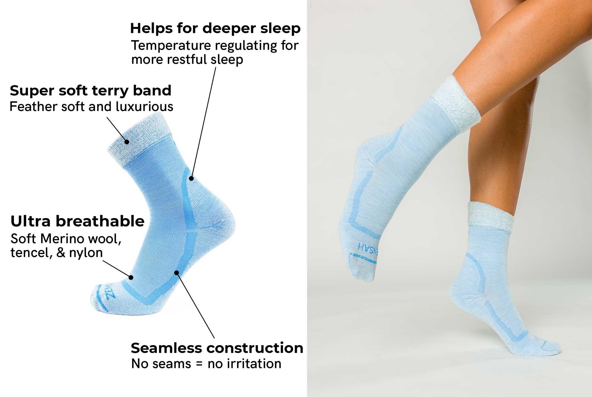 Sleep Sock details page, breathable bed sock, loungewear