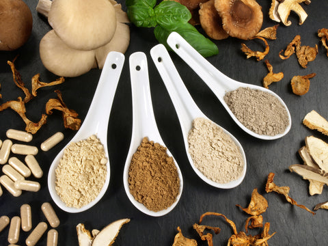 Medicinal mushrooms and adaptogens in spoons and on a table