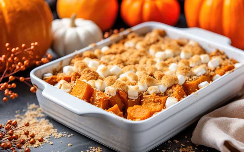 Sweet potato casserole topped with marshmallows.
