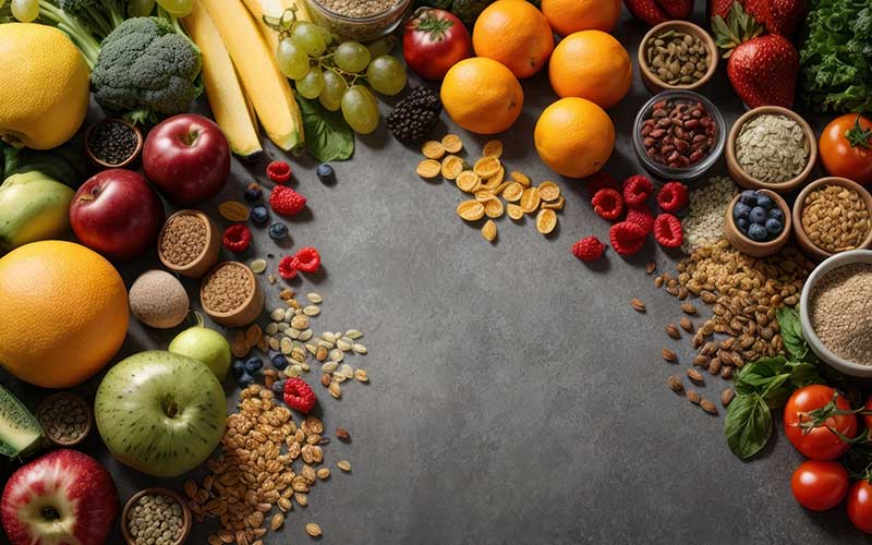 fruits, vegetables, cereals, grains on dark background