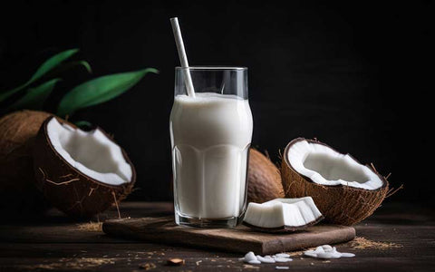 Vanilla milkshake with straw and coconuts on wooden background.