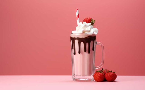 Chocolate shake topped with fresh strawberries on a vibrant pink table.