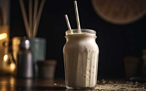 Vanilla flavored meal replacement shake with straw on a jar.