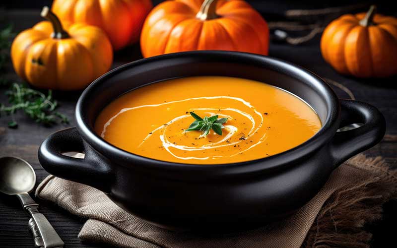 A bowl of pumpkin soup resting on a table.