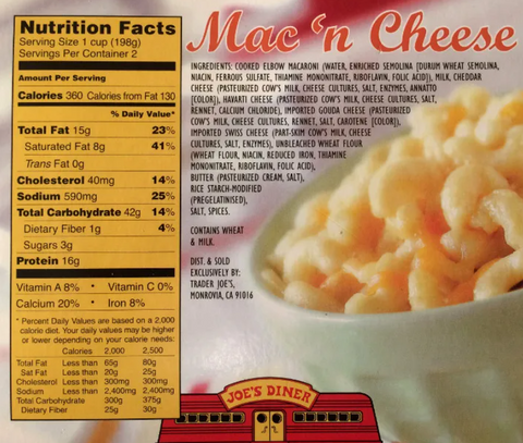 Back nutrition label of Trader Joe's frozen macaroni and cheese. The sodium level listed is 590mg.