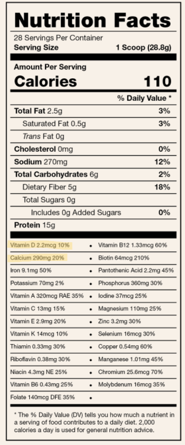 Back nutritional label of 310 All In One Shake with 290mg of calcium and 2.2mcg of vitamin D highlighted in yellow.