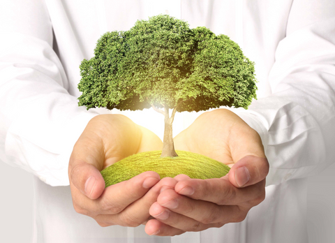 man holding sprouting glowing tree