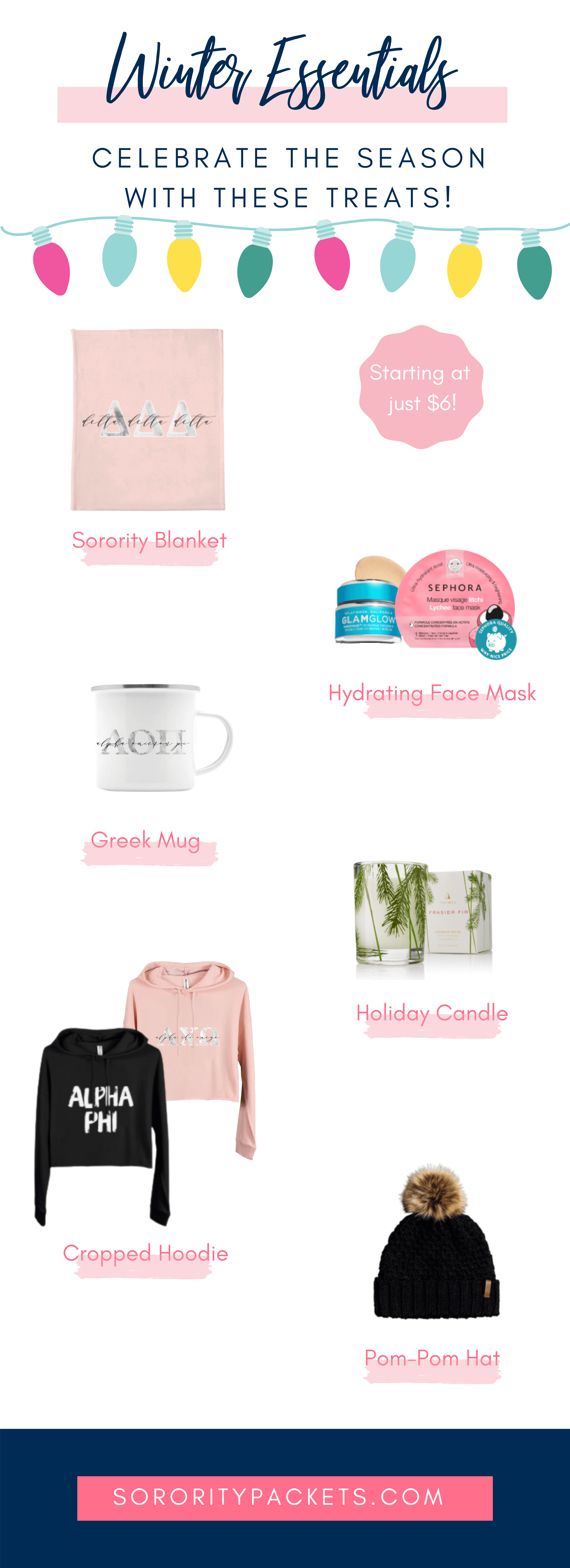 Pin Me graphic with winter essentials for sorority sisters