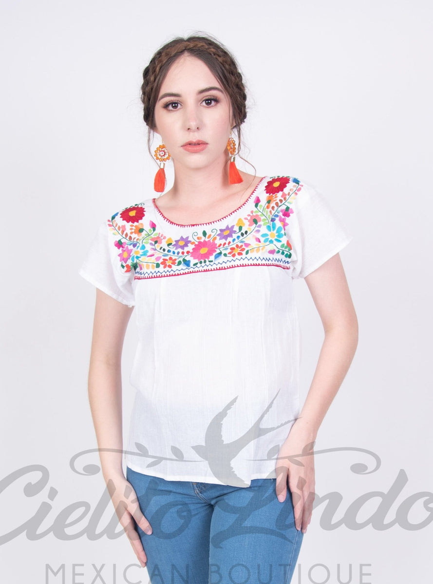 Mexican Tehuacan Embroidered Blouse White – Cielito Lindo