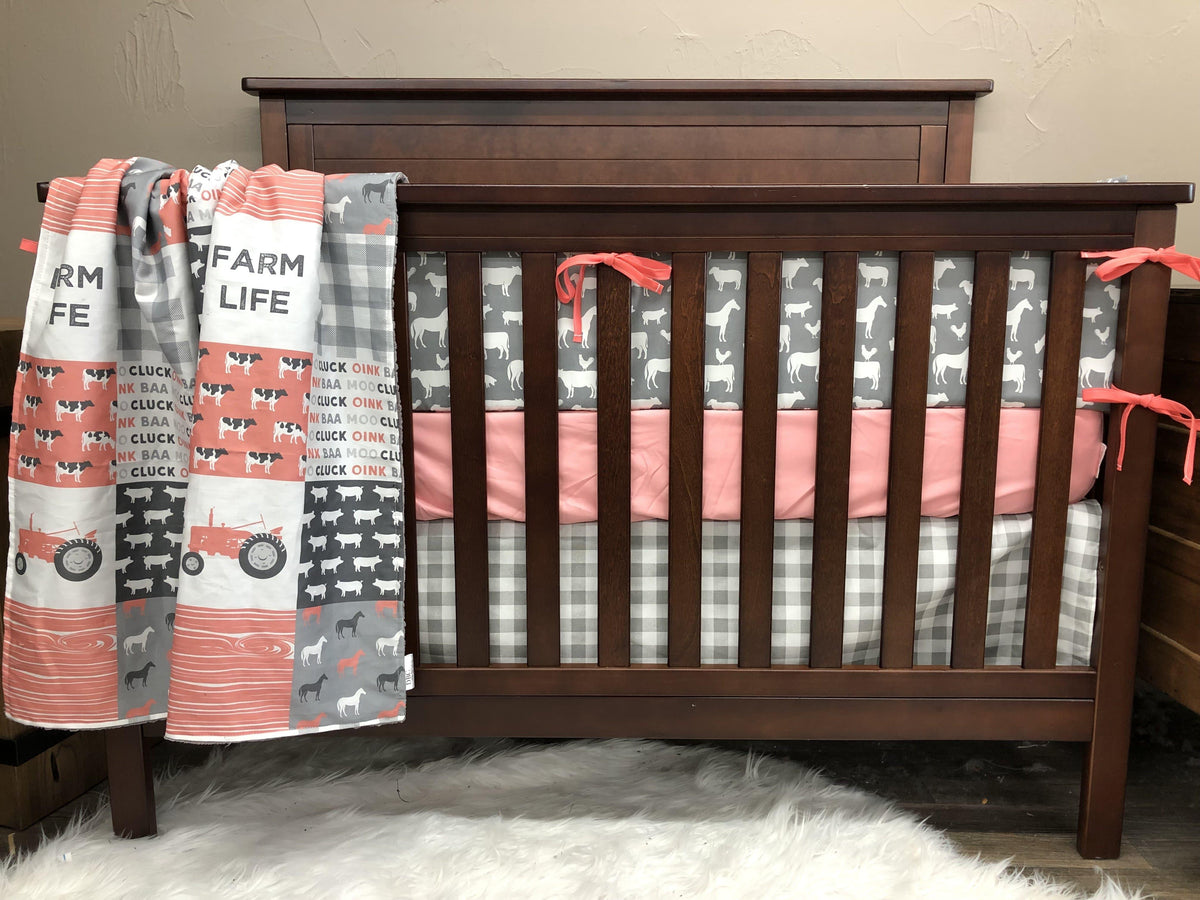 Custom Girl Crib Bedding Coral Gray Farm Life Tractors Horse