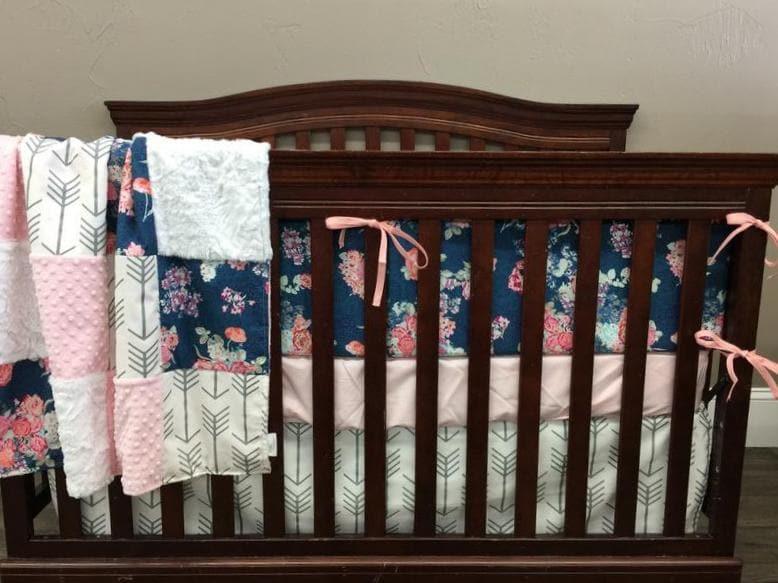 navy and blush crib bedding