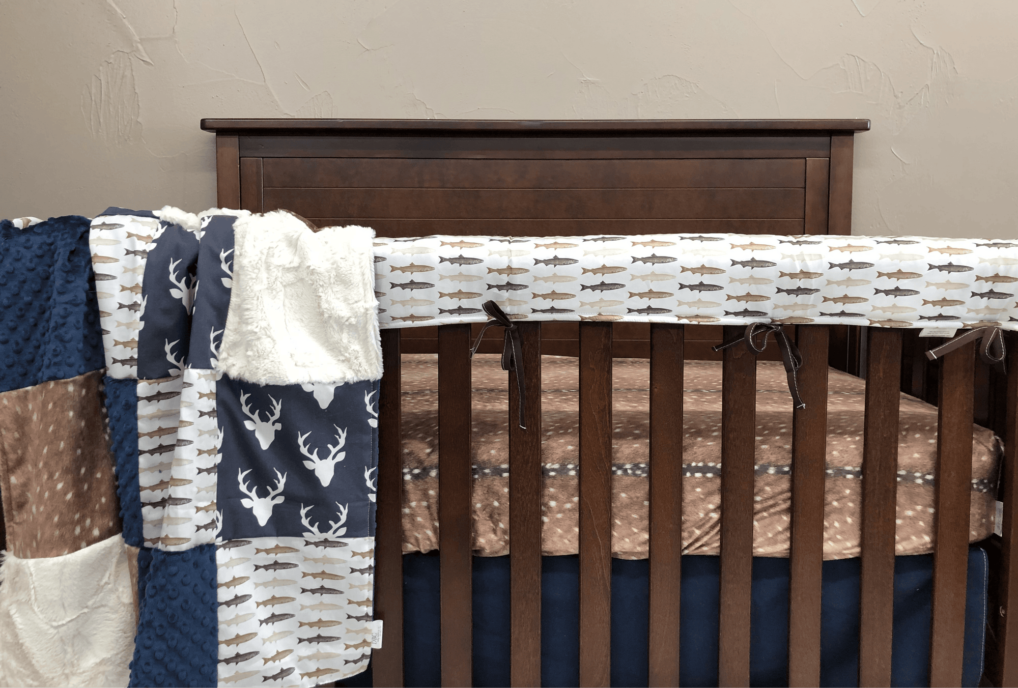 Custom Baby Boy Crib Bedding Navy Buck Deer Skin Minky Trout