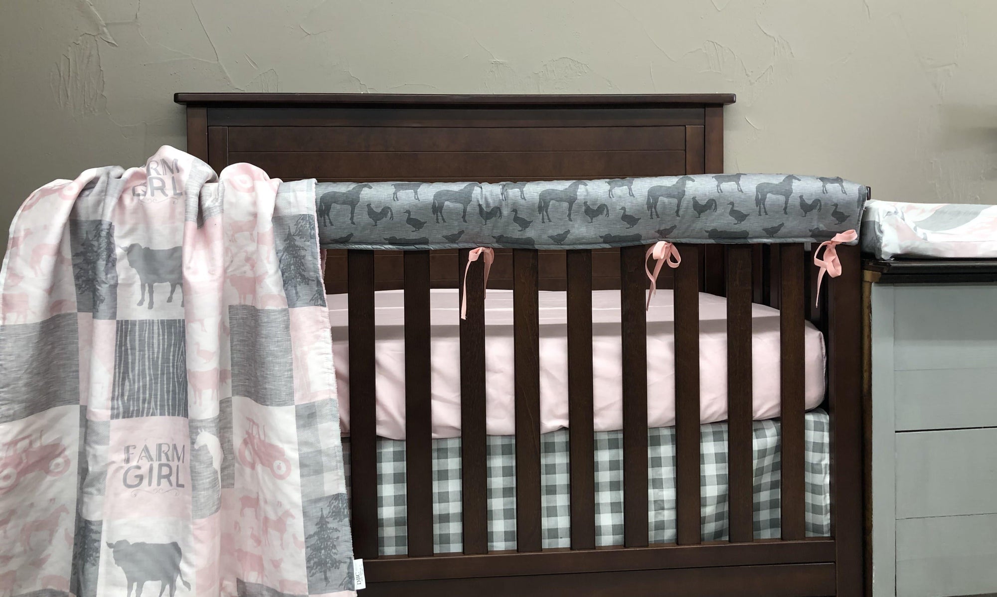 Custom Girl Crib Bedding Farm Girl Farm Animals Gray Check