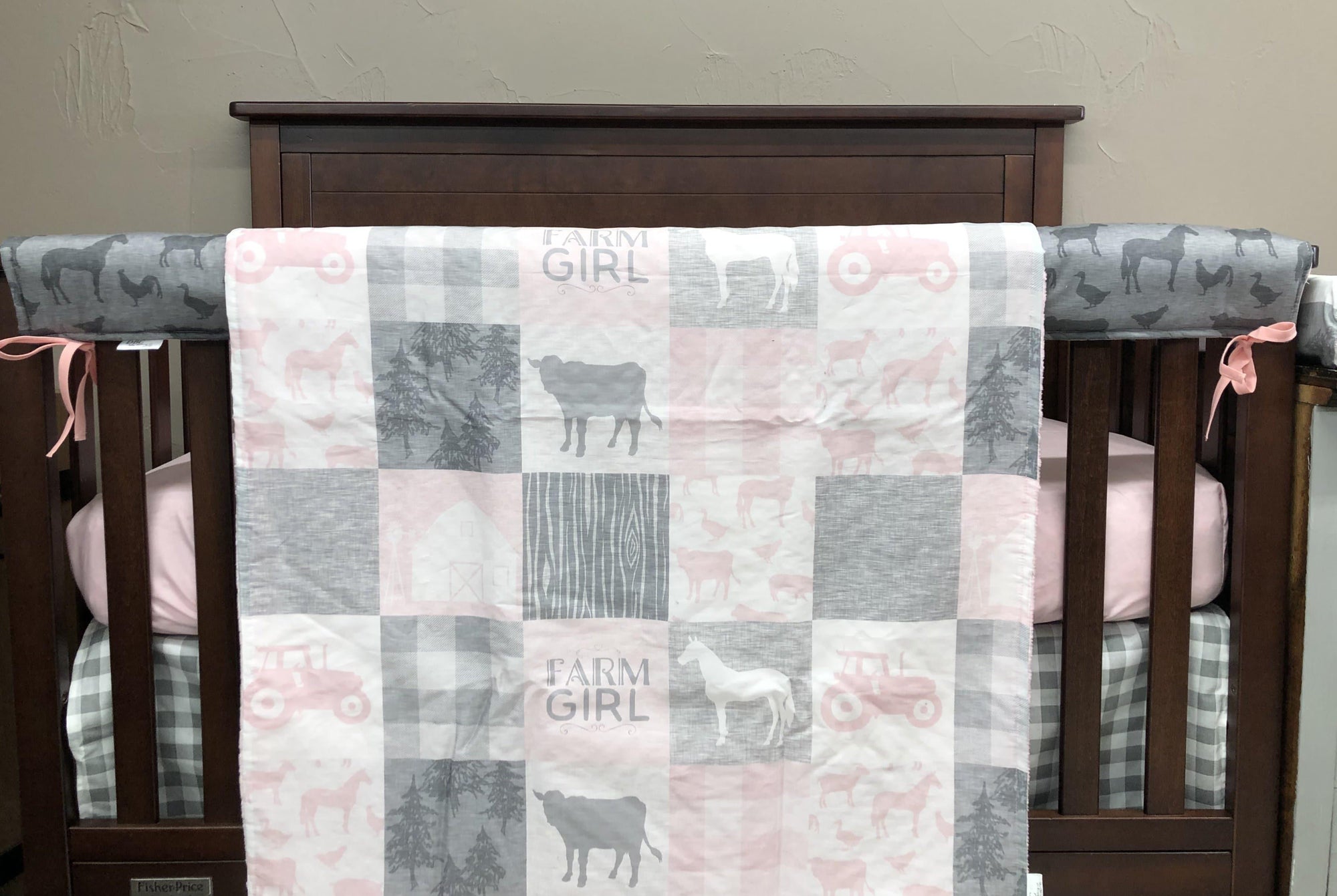 Custom Girl Crib Bedding Farm Girl Farm Animals Gray Check