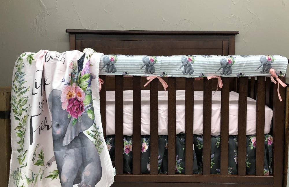 purple and grey elephant crib bedding