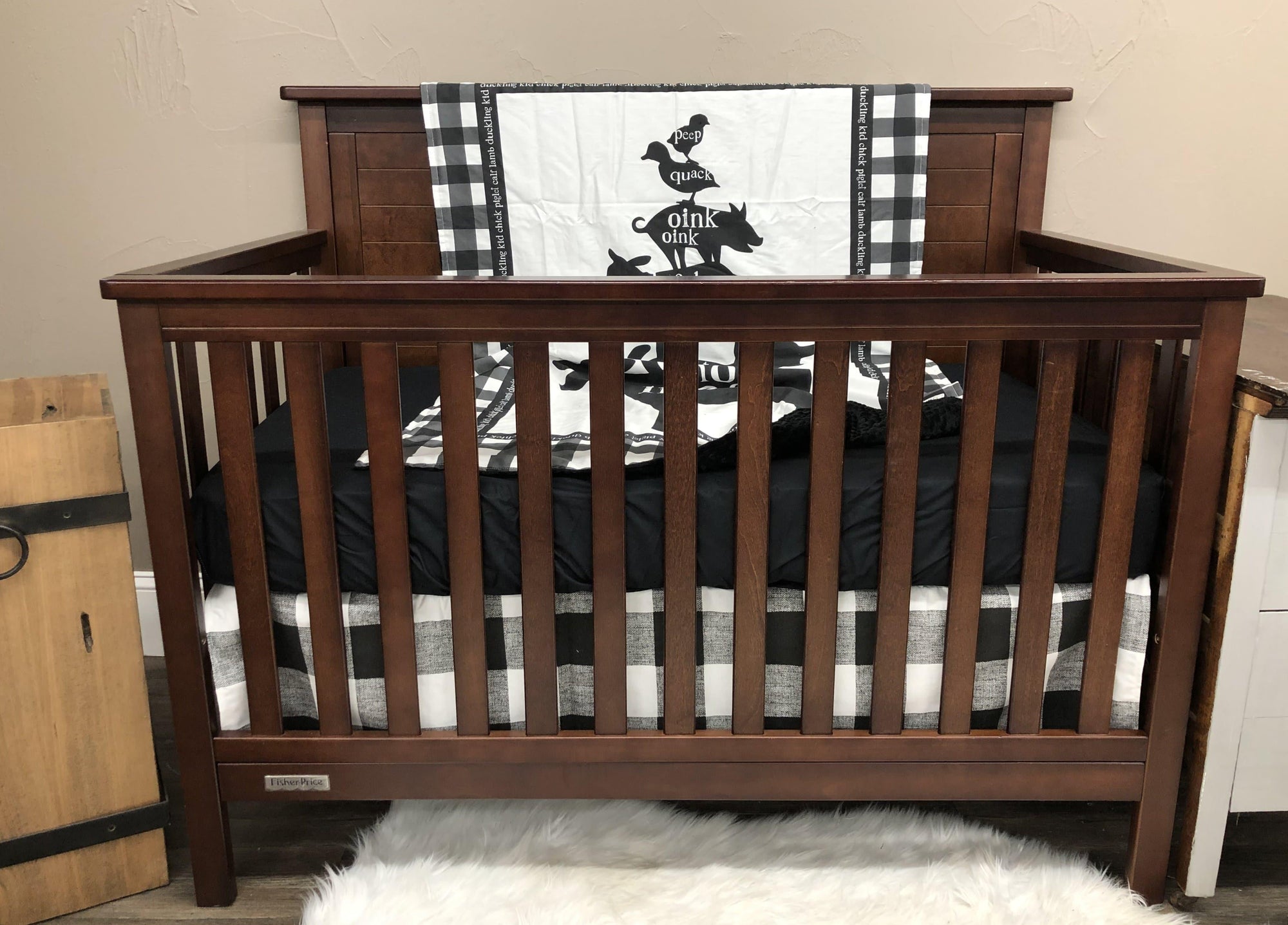 Custom Neutral Crib Bedding Moo Cow Black Buffalo Check Cows