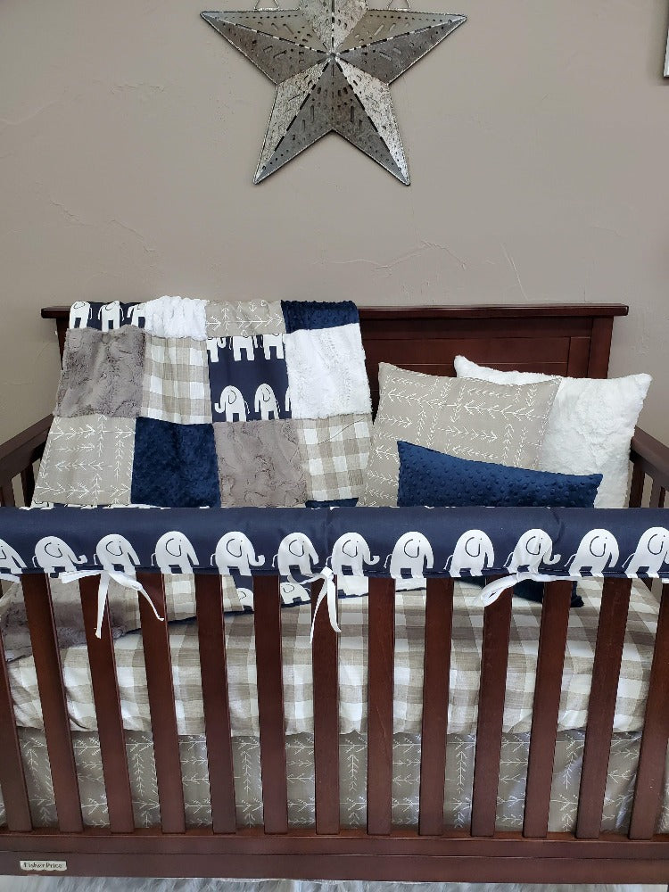 navy elephant crib bedding