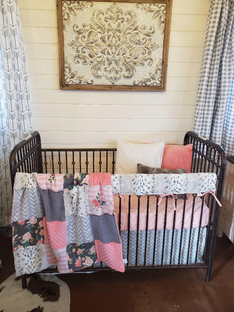 Custom Girl Crib Bedding Floral Stripe And Snow Leopard Minky Floral Dbc Baby Bedding Co