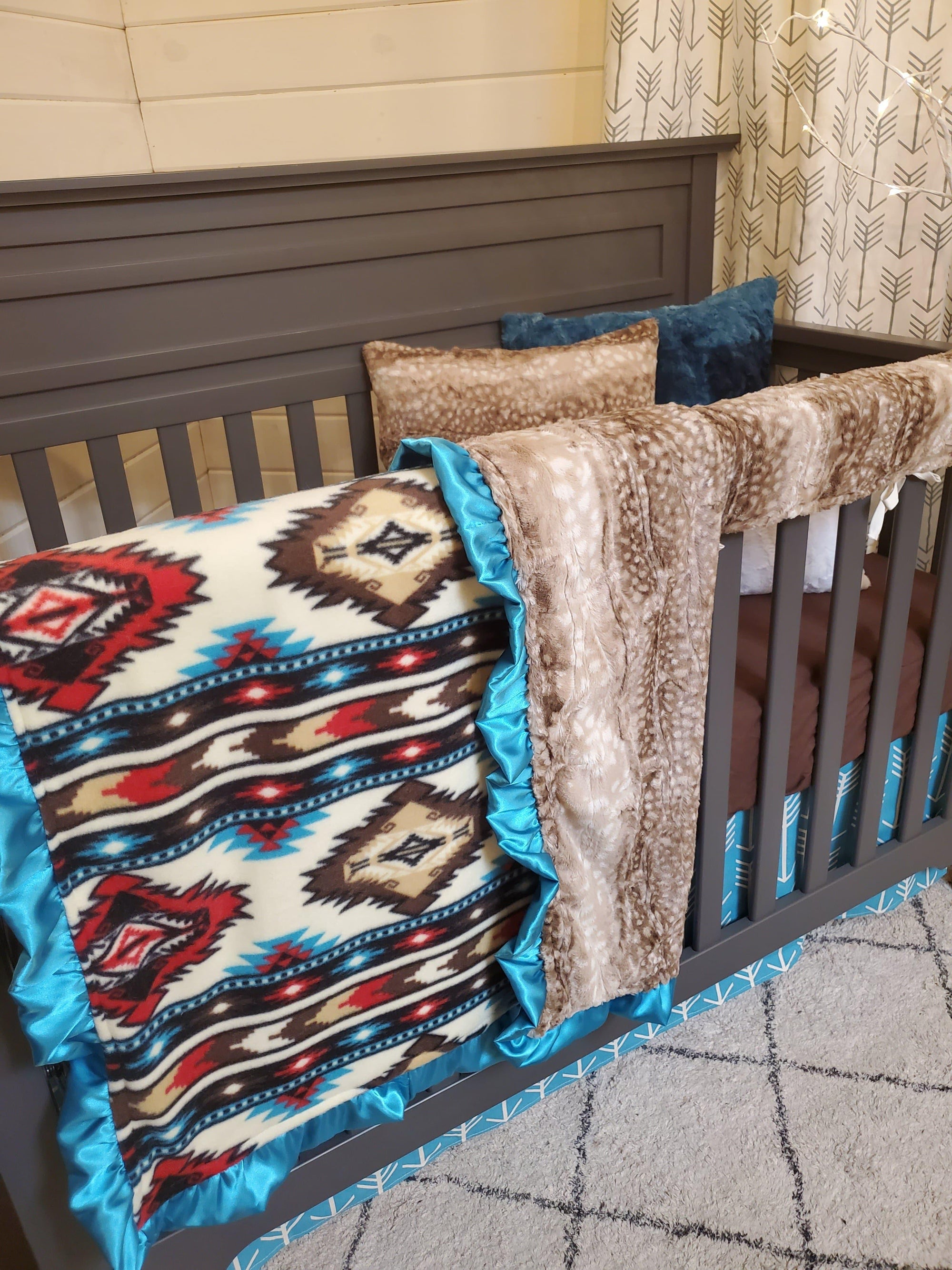 Ready To Ship Neutral Crib Bedding Turquoise Aztec And Fawn Minky