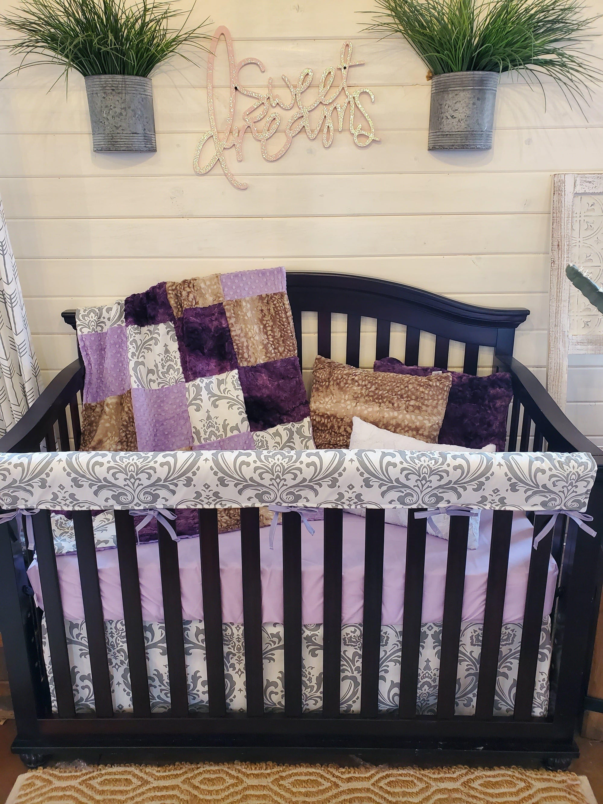 Ready To Ship Girl Crib Bedding Damask Lilac And Fawn