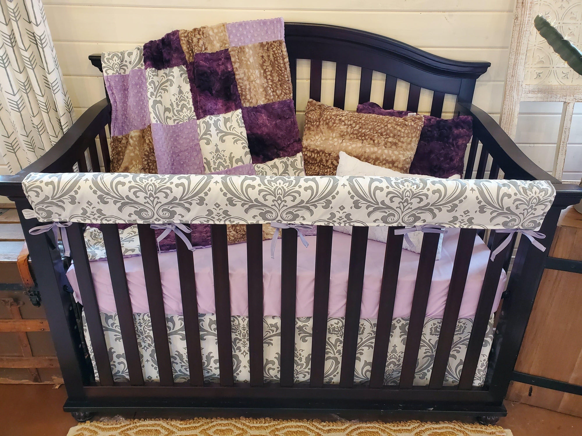 Ready To Ship Girl Crib Bedding Damask Lilac And Fawn