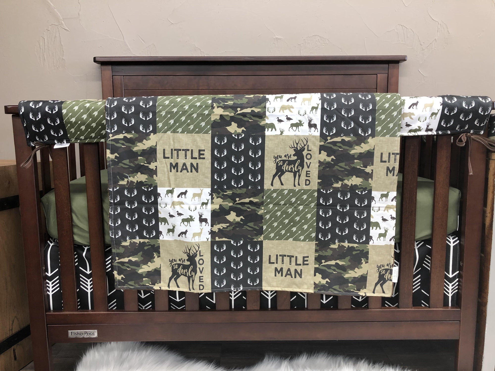 Custom Boy Crib Bedding Deerly Loved Camo Black Arrow Black