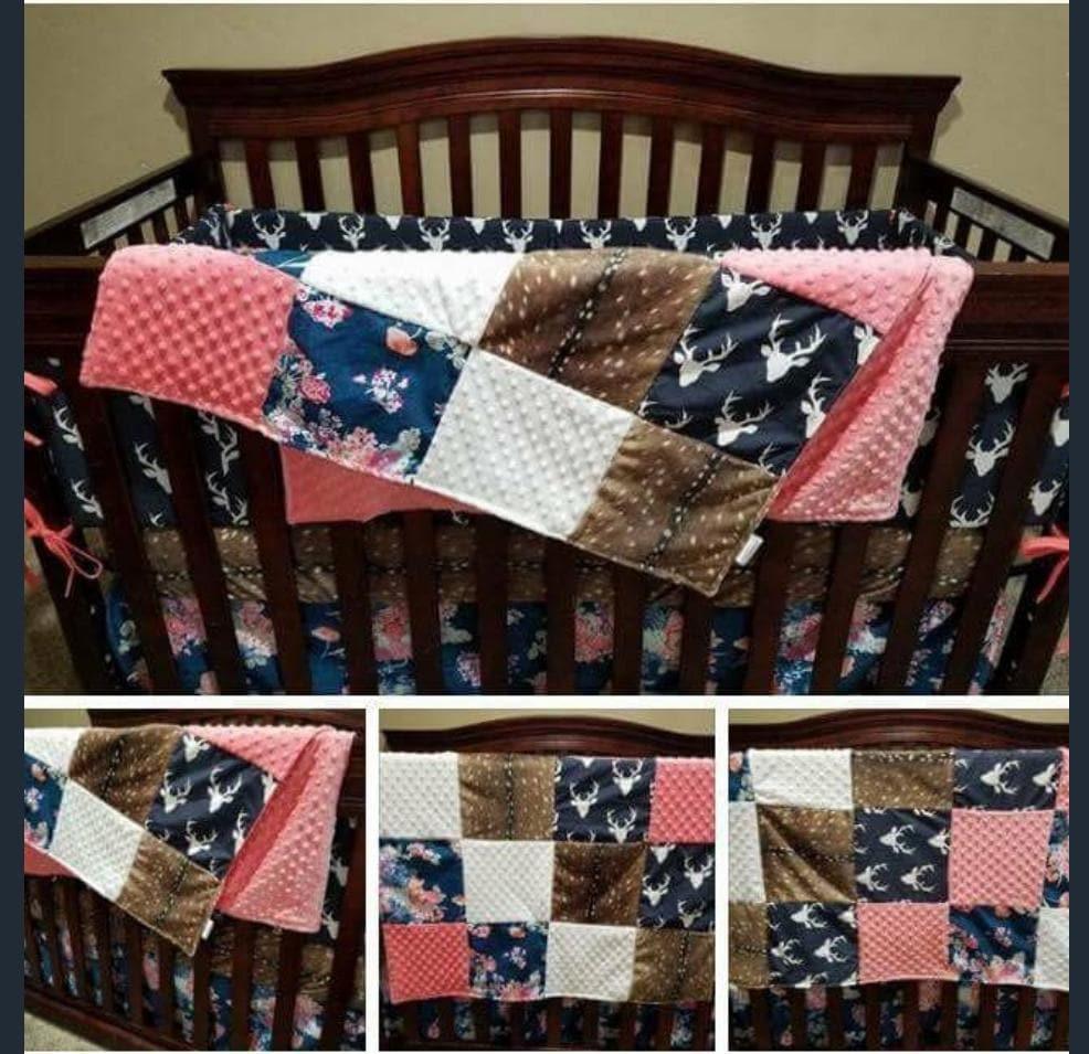 navy and coral crib bedding